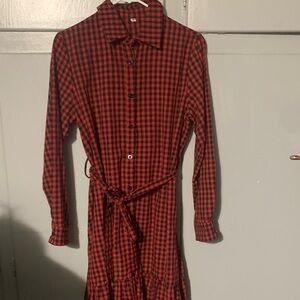 Red and Black Plaid Button-Front Shirt Dress